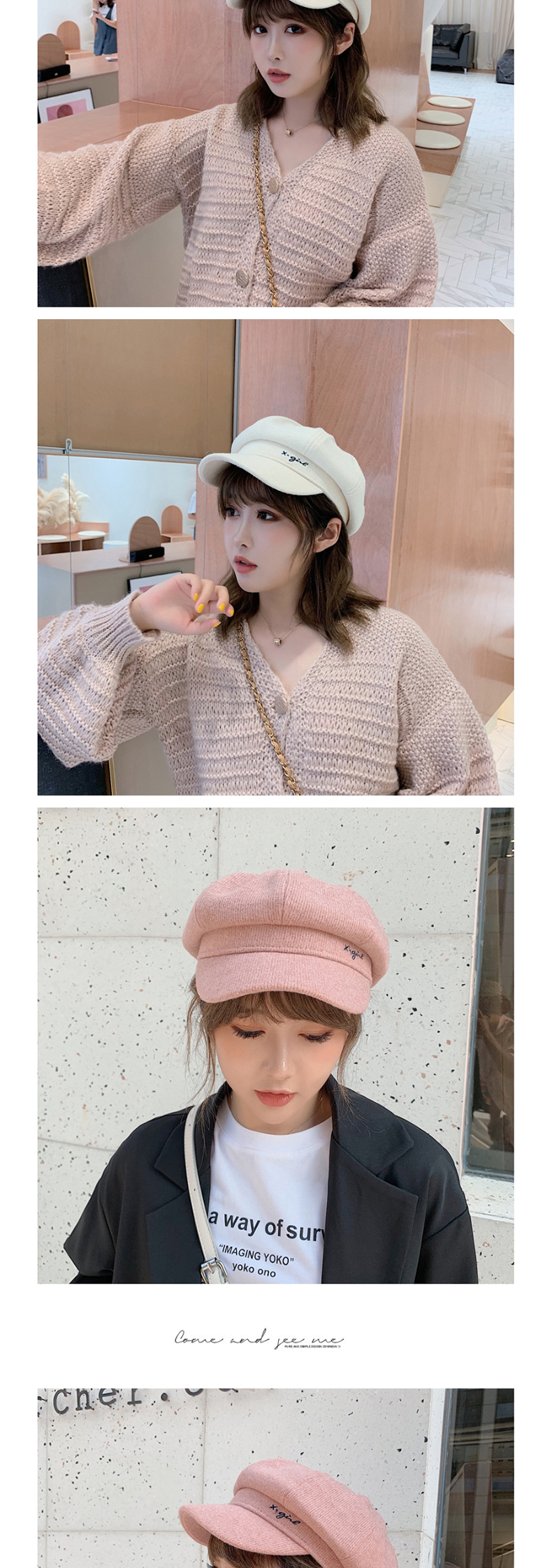 Fashion Pink Embroidered Letter Beret,Beanies&Others