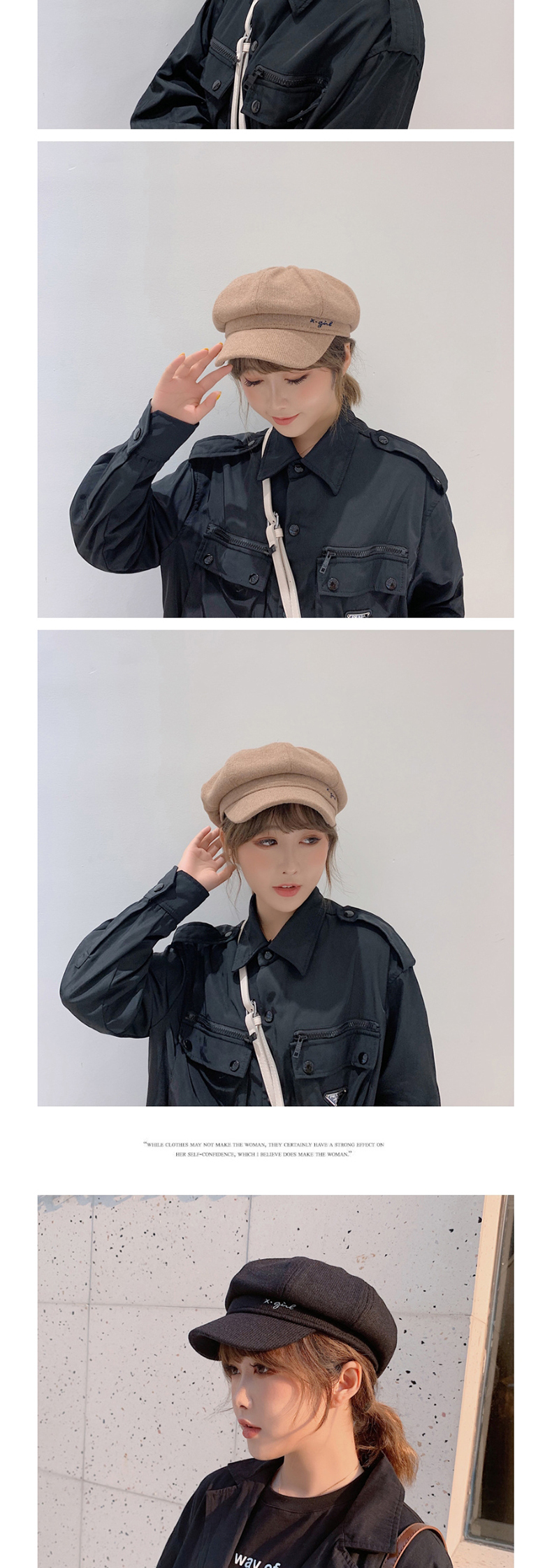 Fashion Khaki Embroidered Letter Beret,Beanies&Others
