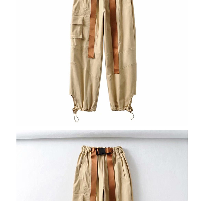 Fashion Khaki Long Belt Lace Up Multi Pocket Overalls,Pants
