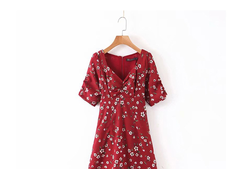 Fashion Wine Red Floral V-neck Dress,Mini & Short Dresses