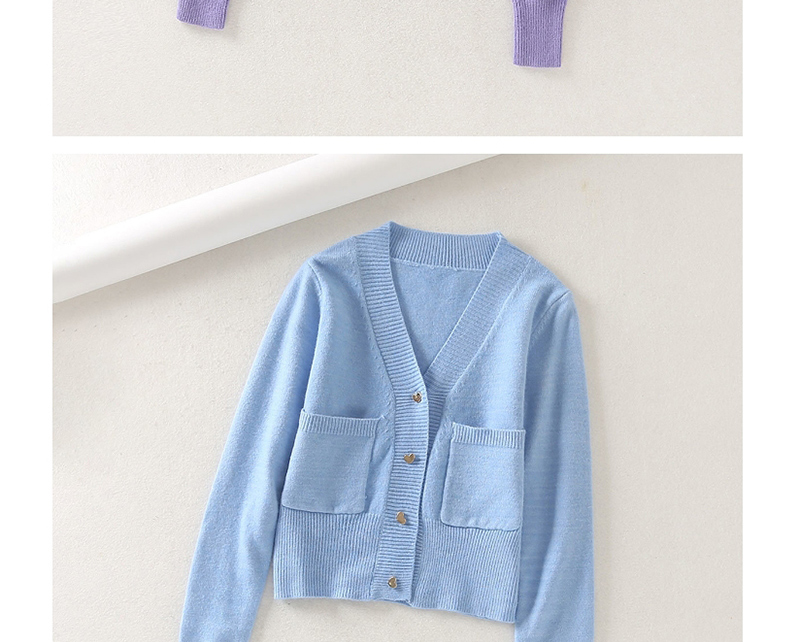 Fashion Blue Furry Pocket Heart Button Sweater Cardigan,Sweater