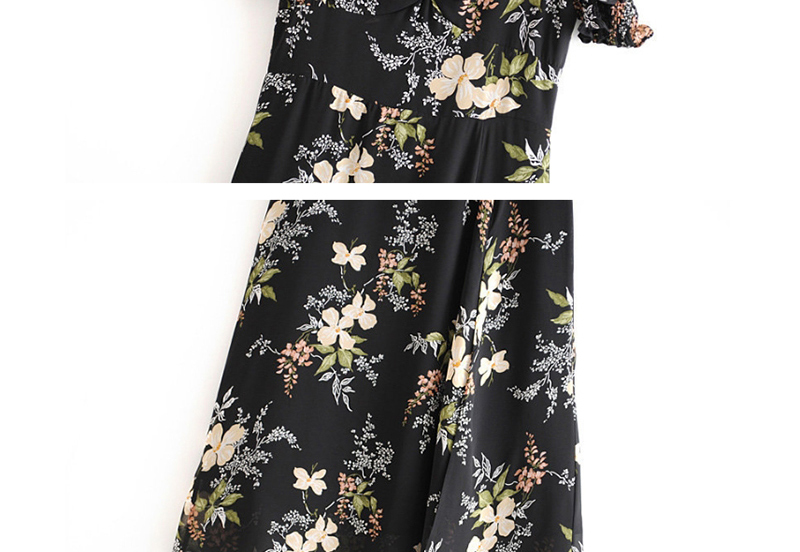 Fashion Black Square Collar Hem Split Puff Sleeve Floral Dress,Long Dress