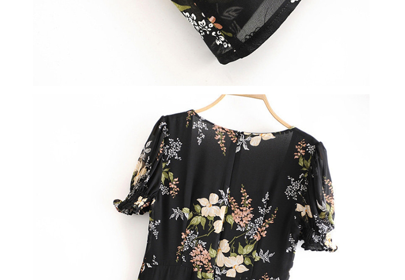 Fashion Black Square Collar Hem Split Puff Sleeve Floral Dress,Long Dress