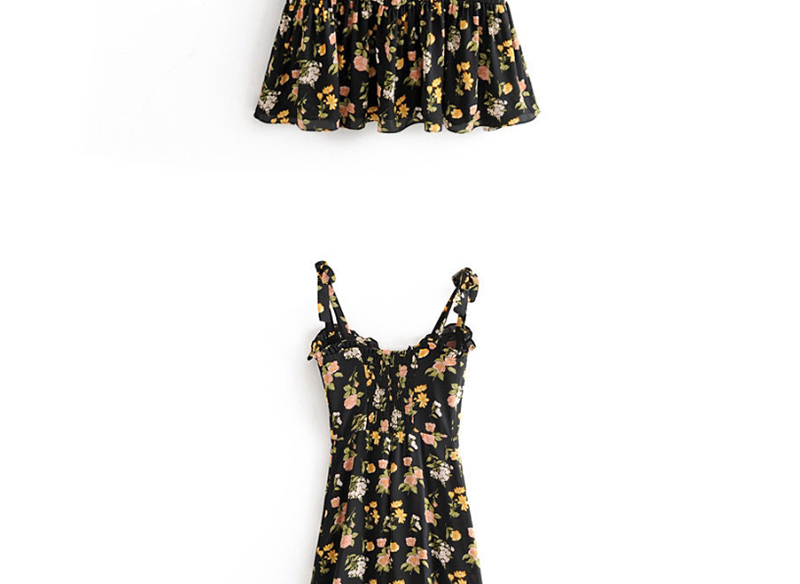 Fashion Black Small Floral Print Ruffle Bandeau Camisole Dress,Long Dress