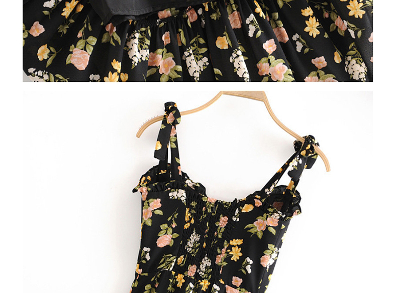 Fashion Black Small Floral Print Ruffle Bandeau Camisole Dress,Long Dress