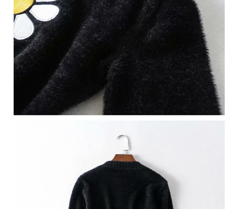 Fashion Black Sun Faux Mohair Embroidered Crew Neck Sweater,Sweater