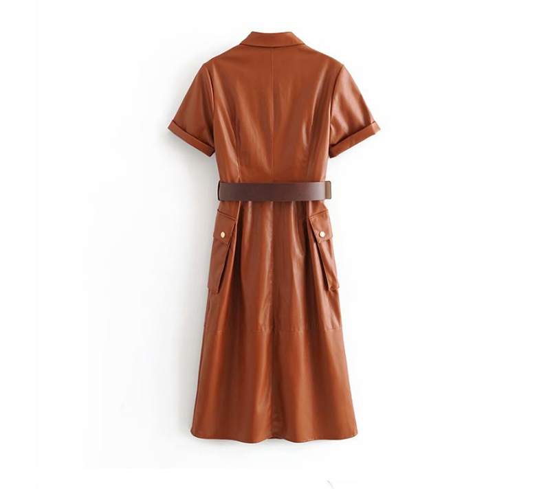 Fashion Brown Pu Leather With Belt Dress,Long Dress