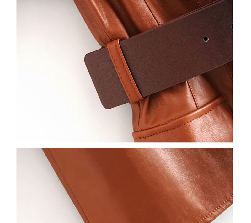 Fashion Brown Pu Leather With Belt Dress,Long Dress