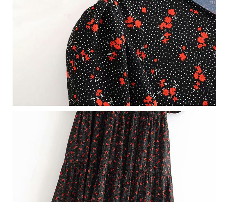 Fashion Black Flower Print Crew Neck Dress,Long Dress