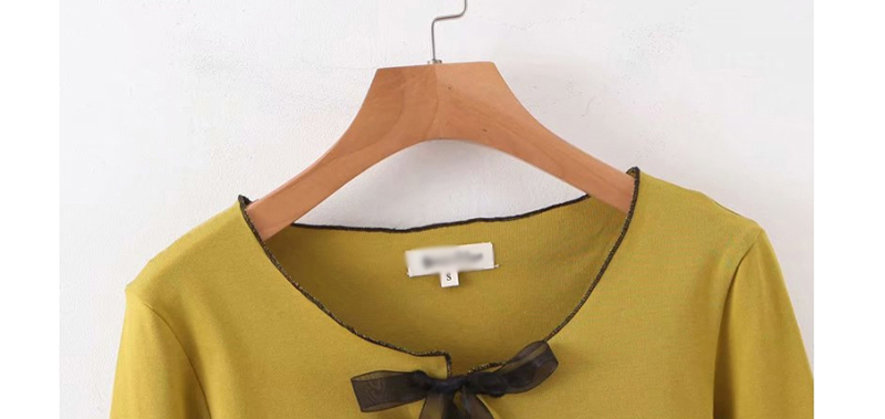 Fashion Mustard Green Bow Tie Knitted Bottoming Shirt,Sweater