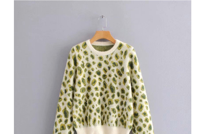 Fashion Green Leopard Mink Round Neck Knitted Sweater,Sweater