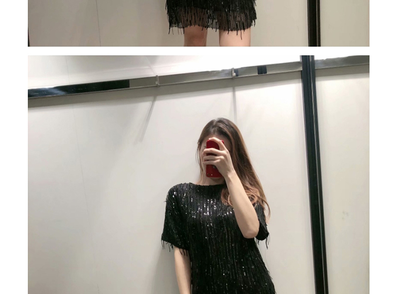 Fashion Black Round Neck Sequin Fringed Dress,Mini & Short Dresses
