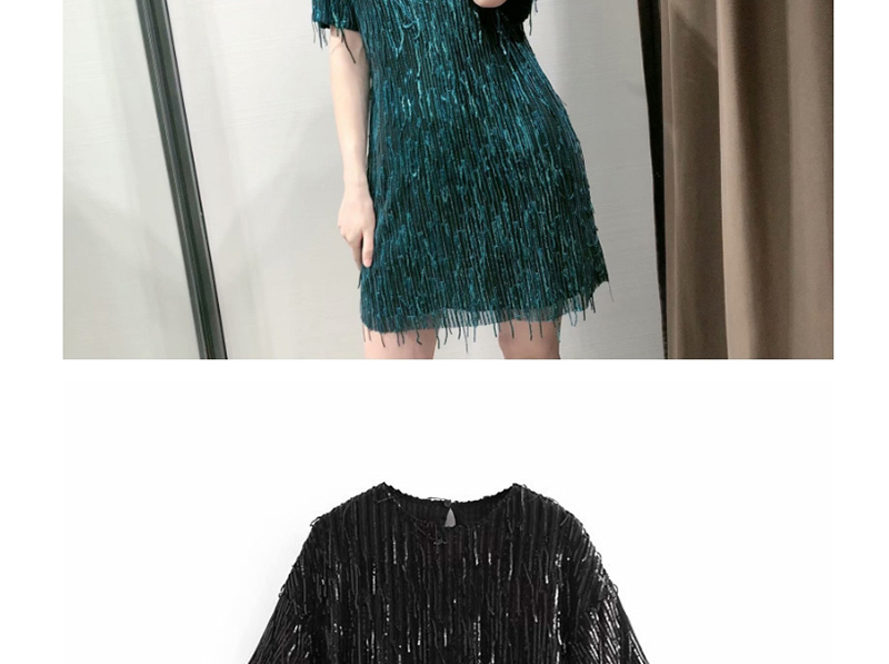 Fashion Black Round Neck Sequin Fringed Dress,Mini & Short Dresses