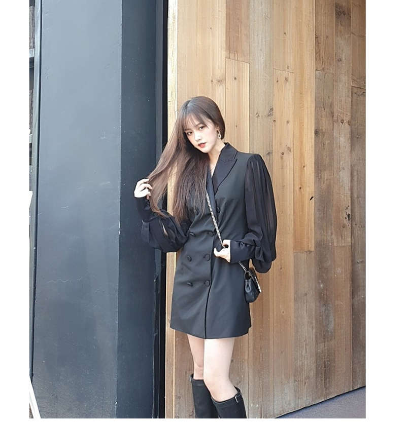 Fashion Black Double-breasted Suit With Mesh Stitching Sleeves,Coat-Jacket