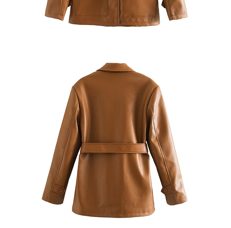 Fashion Brown Belted Single-breasted Leather Jacket,Coat-Jacket