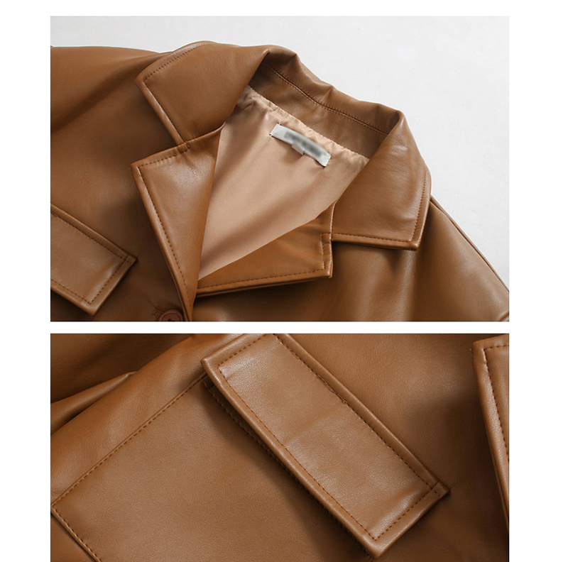 Fashion Brown Belted Single-breasted Leather Jacket,Coat-Jacket