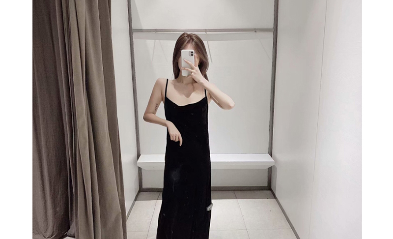 Fashion Black Velvet Camisole Dress,Long Dress