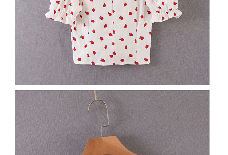 Fashion White Strawberry Print Lace-up Shirt,Blouses