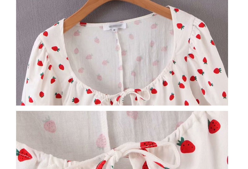 Fashion White Strawberry Print Lace-up Shirt,Blouses