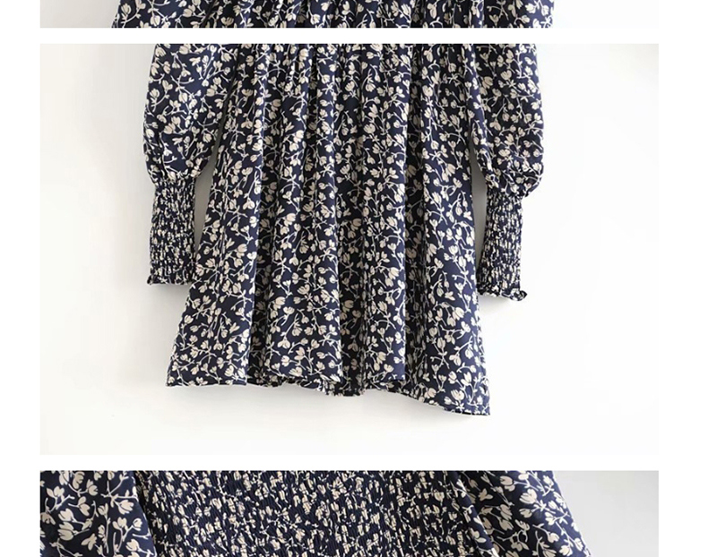 Fashion Navy Square Collar Flower Print Elastic Dress,Mini & Short Dresses