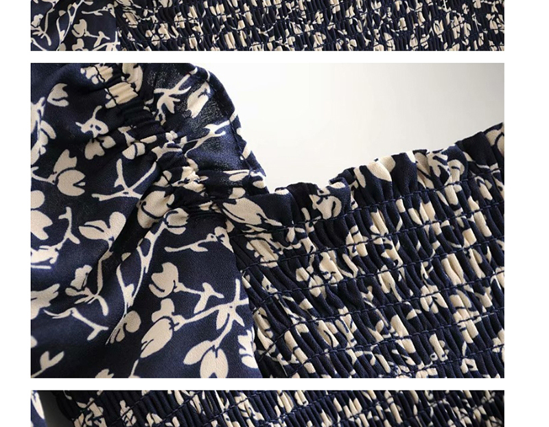 Fashion Navy Square Collar Flower Print Elastic Dress,Mini & Short Dresses