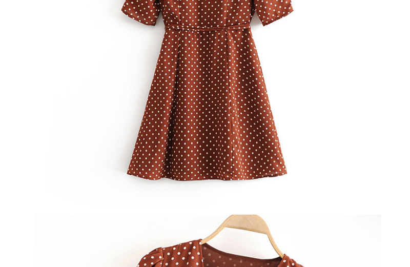 Fashion Red-brown Polka-dot Printed V-neck Wrap Dress,Mini & Short Dresses
