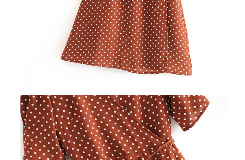 Fashion Red-brown Polka-dot Printed V-neck Wrap Dress,Mini & Short Dresses