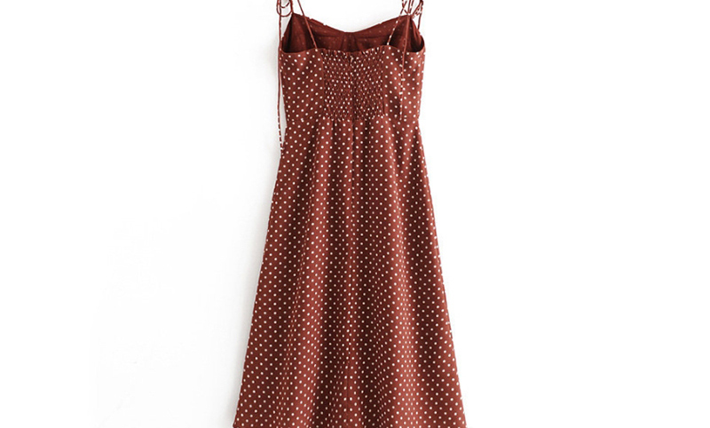 Fashion Red-brown Polka Dot High Waist Side Split Hem Lace Up Dress,Mini & Short Dresses
