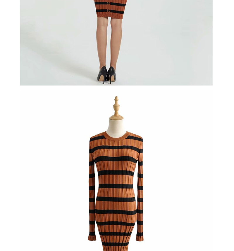Fashion Caramel Colour Round Neck Striped Knit Back Button Dress,Mini & Short Dresses