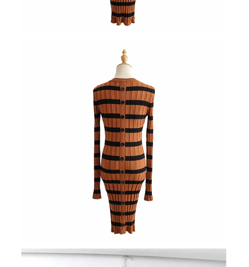 Fashion Caramel Colour Round Neck Striped Knit Back Button Dress,Mini & Short Dresses