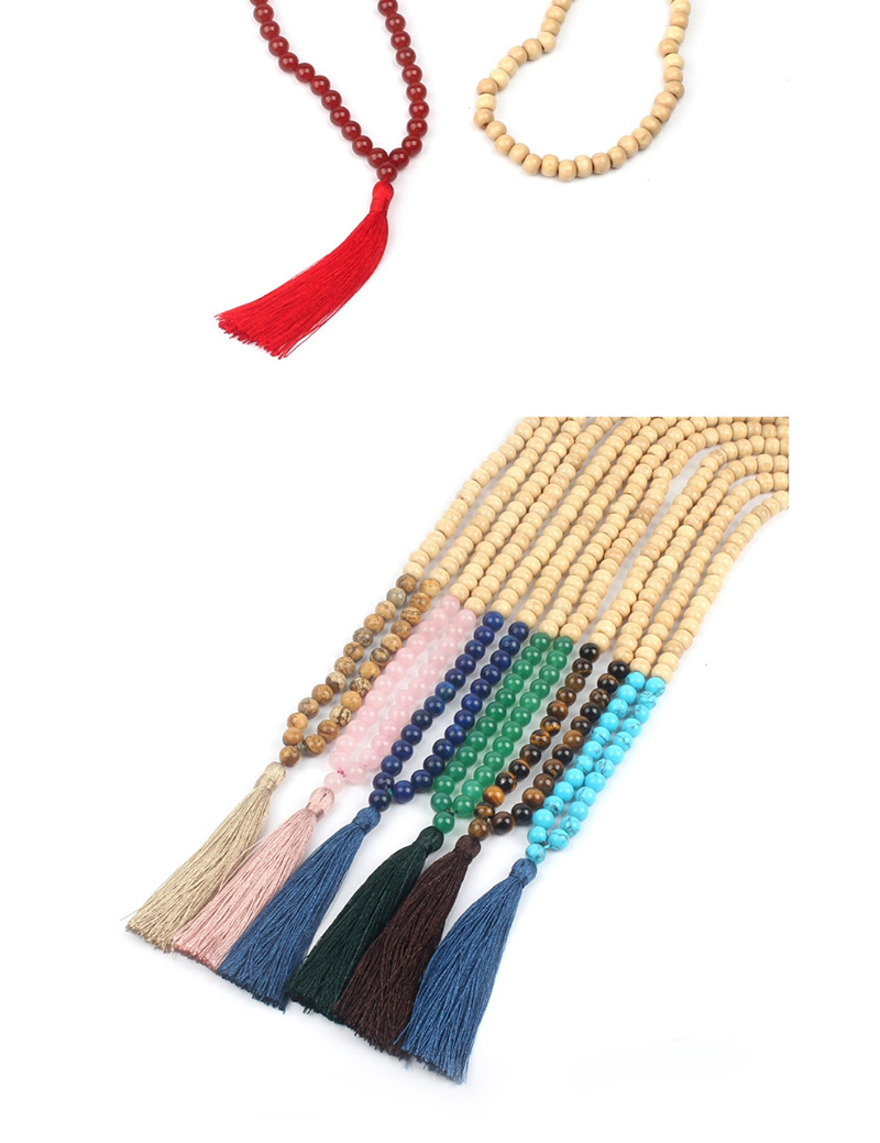 Fashion Dark Green Wooden Beads Agate Gem Tassel Necklace,Beaded Necklaces