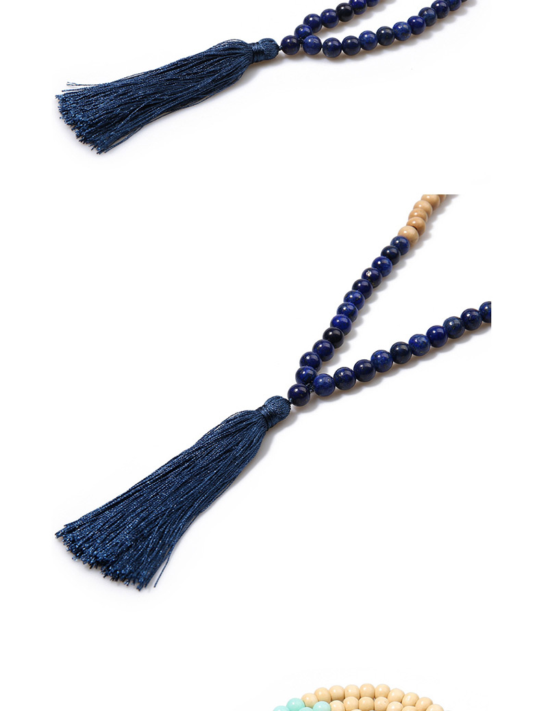 Fashion Navy Blue + Blue Wooden Beads Agate Gem Tassel Necklace,Beaded Necklaces