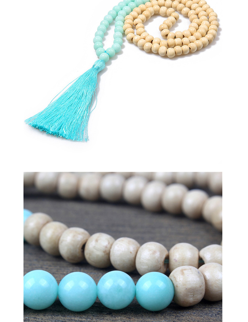 Fashion Navy Wooden Beads Agate Gem Tassel Necklace,Beaded Necklaces