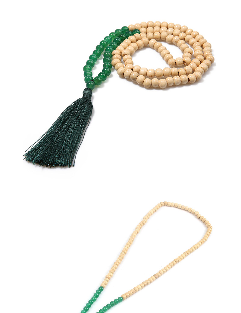 Fashion Khaki Wooden Beads Agate Gem Tassel Necklace,Thin Scaves