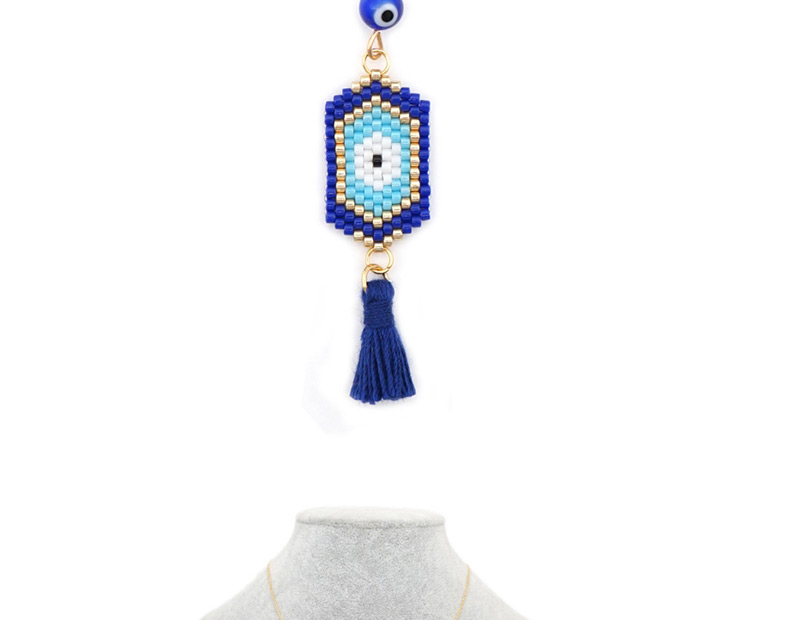 Fashion Dark Blue Rice Beads Woven Eye Tassel Stainless Steel Necklace,Thin Scaves