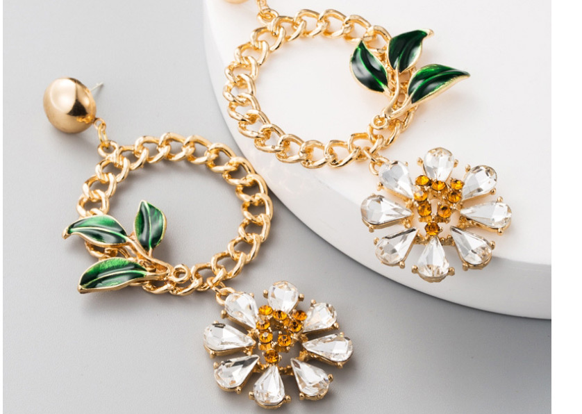 Fashion Gold  Silver Needle Round Alloy Drop Oil Leaf Diamond Flower Earrings,Drop Earrings