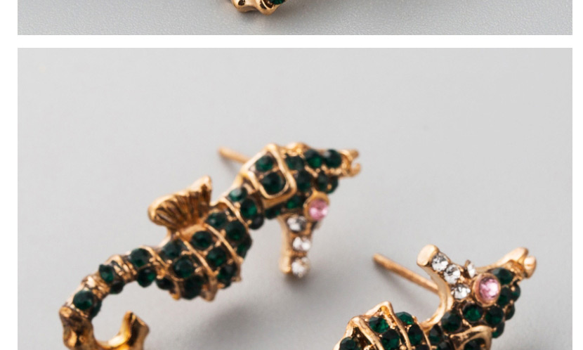 Fashion Green Diamond-studded Animal Hippocampus Alloy Earrings,Stud Earrings