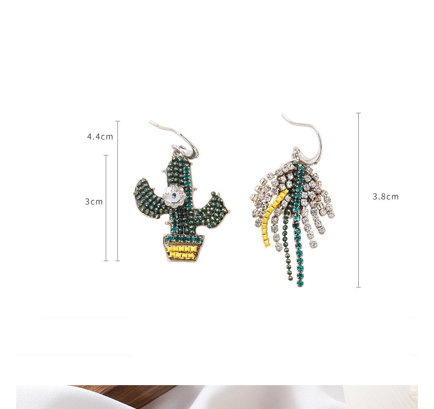 Fashion Green Rhinestone Cactus Leaves Flowers Asymmetrical Earrings,Drop Earrings