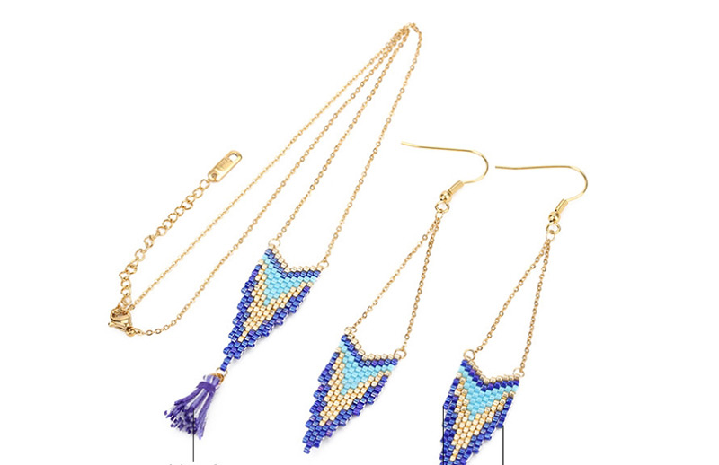 Fashion Blue Rice Beads Woven Geometric Pattern Earrings Necklace,Pendants