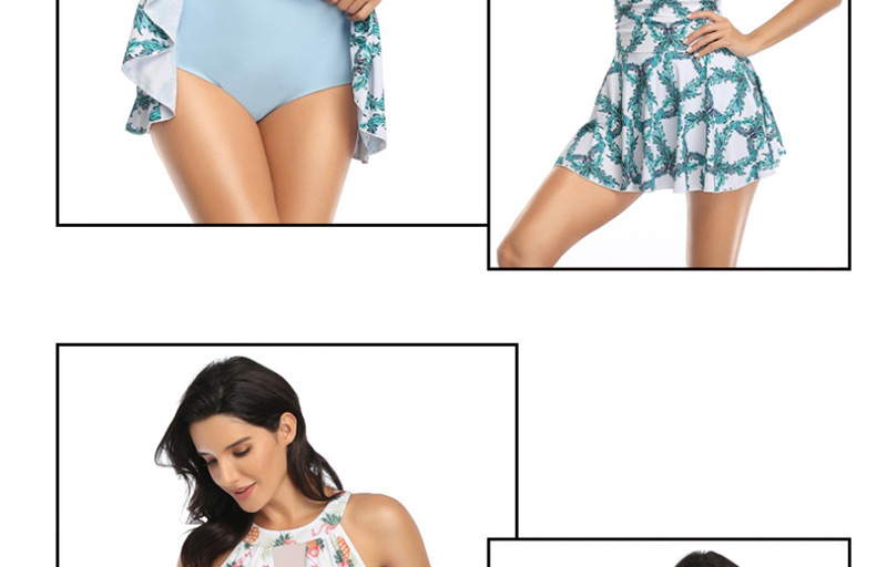 Fashion White Blue Flower Mesh Skirt Print Split Swimsuit,Swimwear Sets