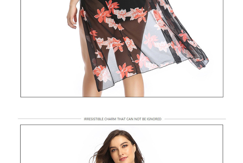 Fashion Black Orange Flower Mesh Print Long Blouse,Bikini Sets