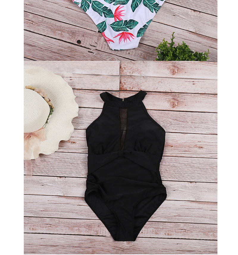 Fashion Black Mesh Plant Print One-piece Swimsuit,One Pieces