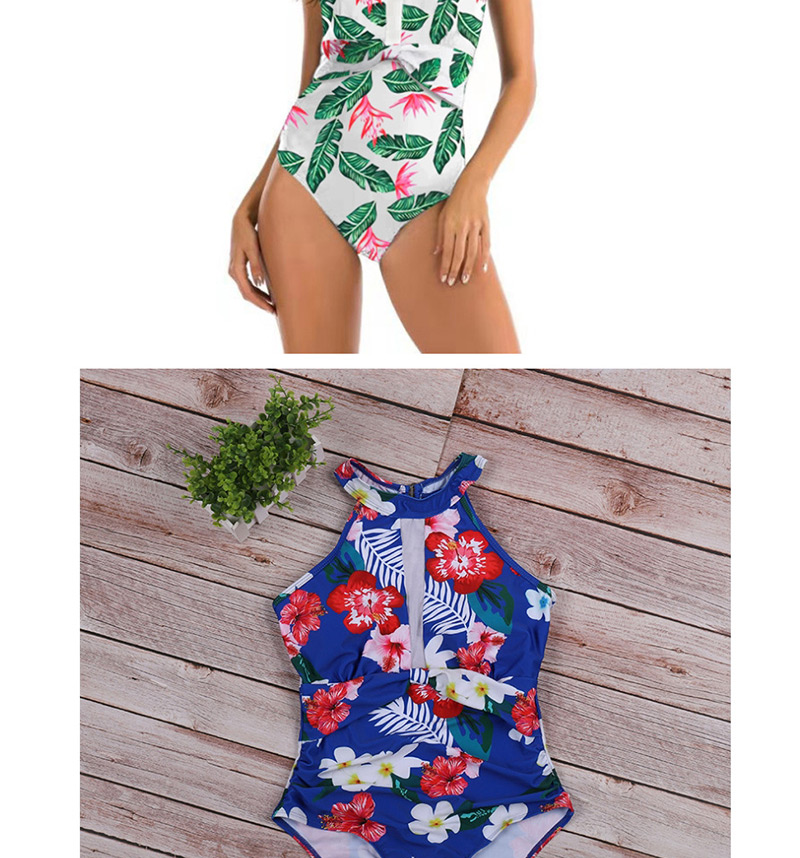 Fashion Blue Mesh Plant Print One-piece Swimsuit,One Pieces
