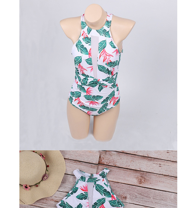Fashion Green Mesh Plant Print One-piece Swimsuit,One Pieces