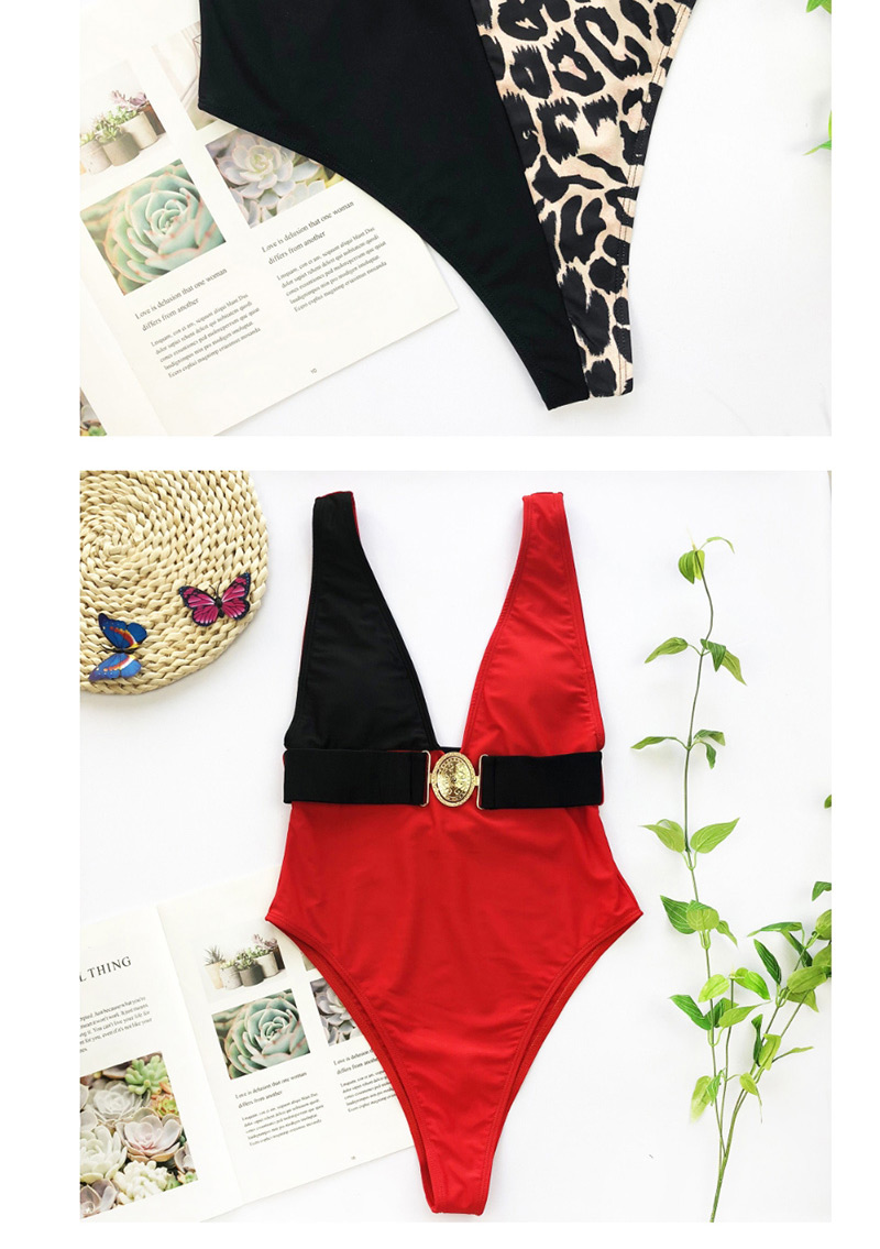 Fashion Black Leopard Print Stitching Special Metal Buckle Bikini,One Pieces