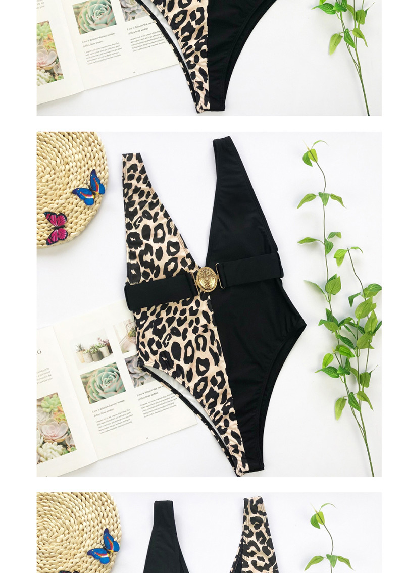 Fashion Black Leopard Print Stitching Special Metal Buckle Bikini,One Pieces