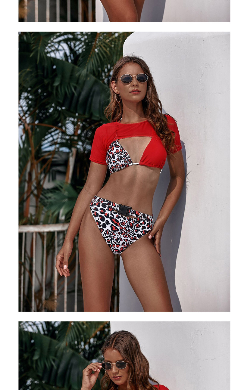 Fashion Red Leopard Mesh Shawl Socket Bikini Three Piece Set,Bikini Sets