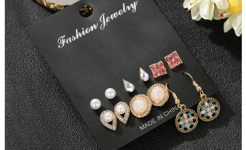 Fashion Gold Diamond-studded Geometric Earrings 6 Pairs,Stud Earrings