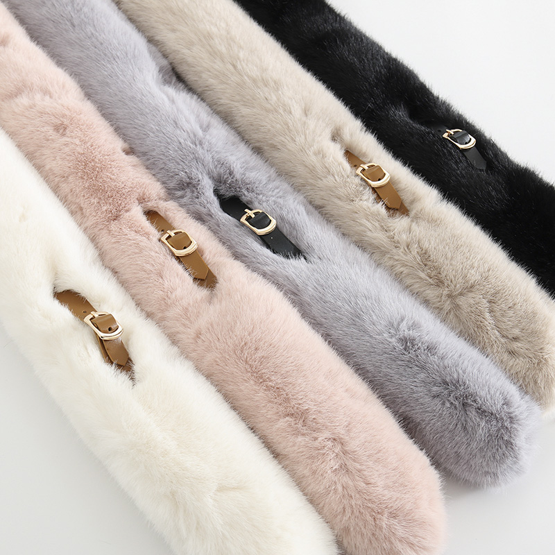 Fashion Black Small Leather Buckle Imitation Rabbit Fur Collar,knitting Wool Scaves