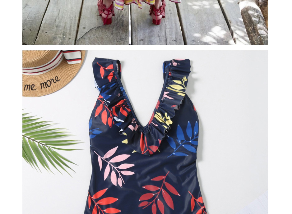 Fashion Foundation Leaves V-neck Triangle Print Backless One-piece Swimsuit,One Pieces